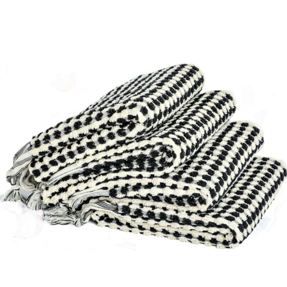 Turkish Cotton Spa Hair Peshtemal Hand Towel Black Ivory Pom Pom Houndstooth - Picture 4 of 8